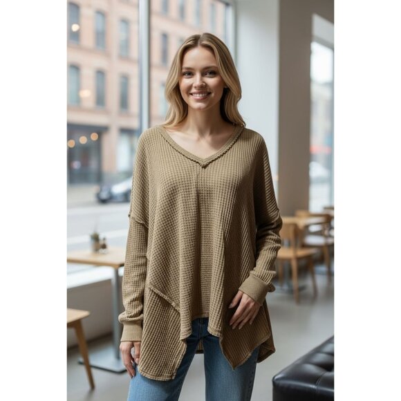 NEW FREE PEOPLE womens M Brown waffle knit cutout v neck Top sweater Tunic - Picture 1 of 10